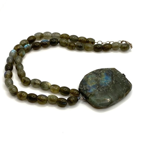 Natural Labradorite Beaded Necklace Faceted Pendant 16" +1.5” 925 Silver - Picture 8 of 9
